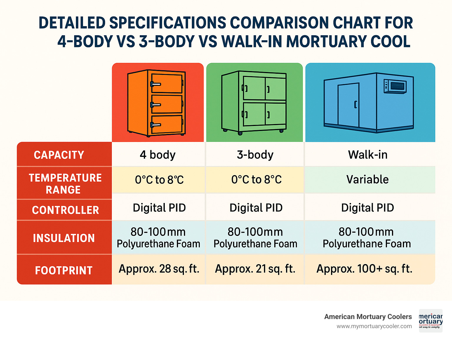 Detailed specifications comparison chart for 4-body vs 3-body vs walk-in mortuary coolers - 4 Body Mortuary  infographic 