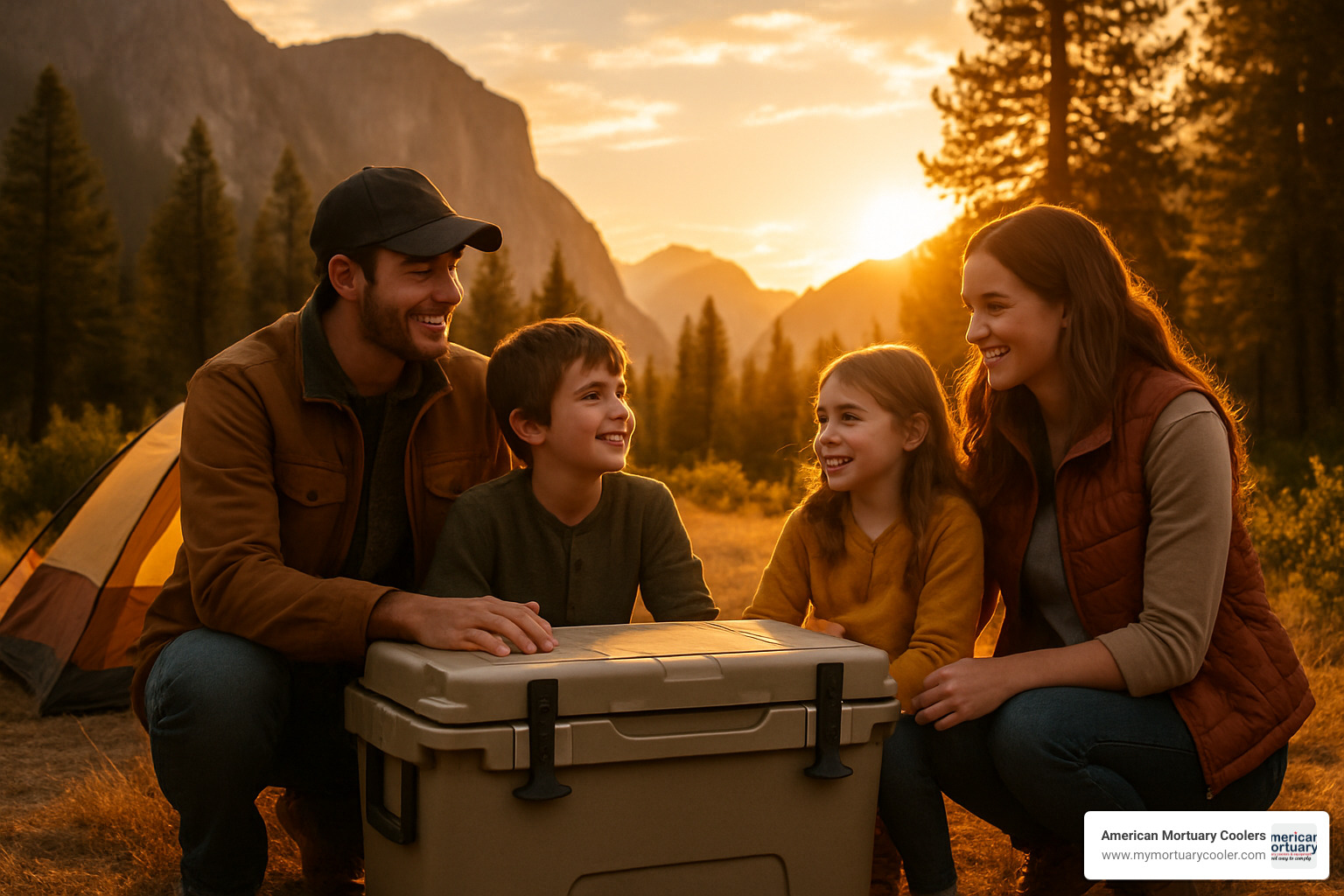 family camping with hard cooler at sunset - How to buy cooler