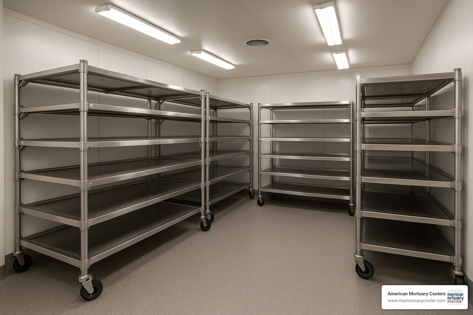 Large walk-in mortuary cooler installation with multiple storage racks and professional lighting - funeral home freezer
