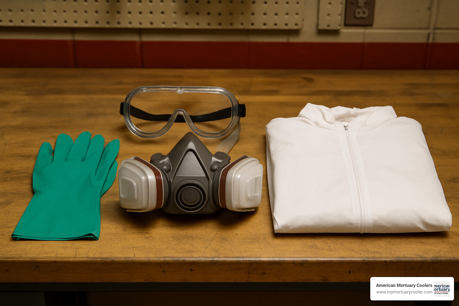 Personal protective equipment kit showing chemical-resistant gloves, safety goggles, respirator, and protective clothing arranged for workplace use - lysol disinfectant spray msds