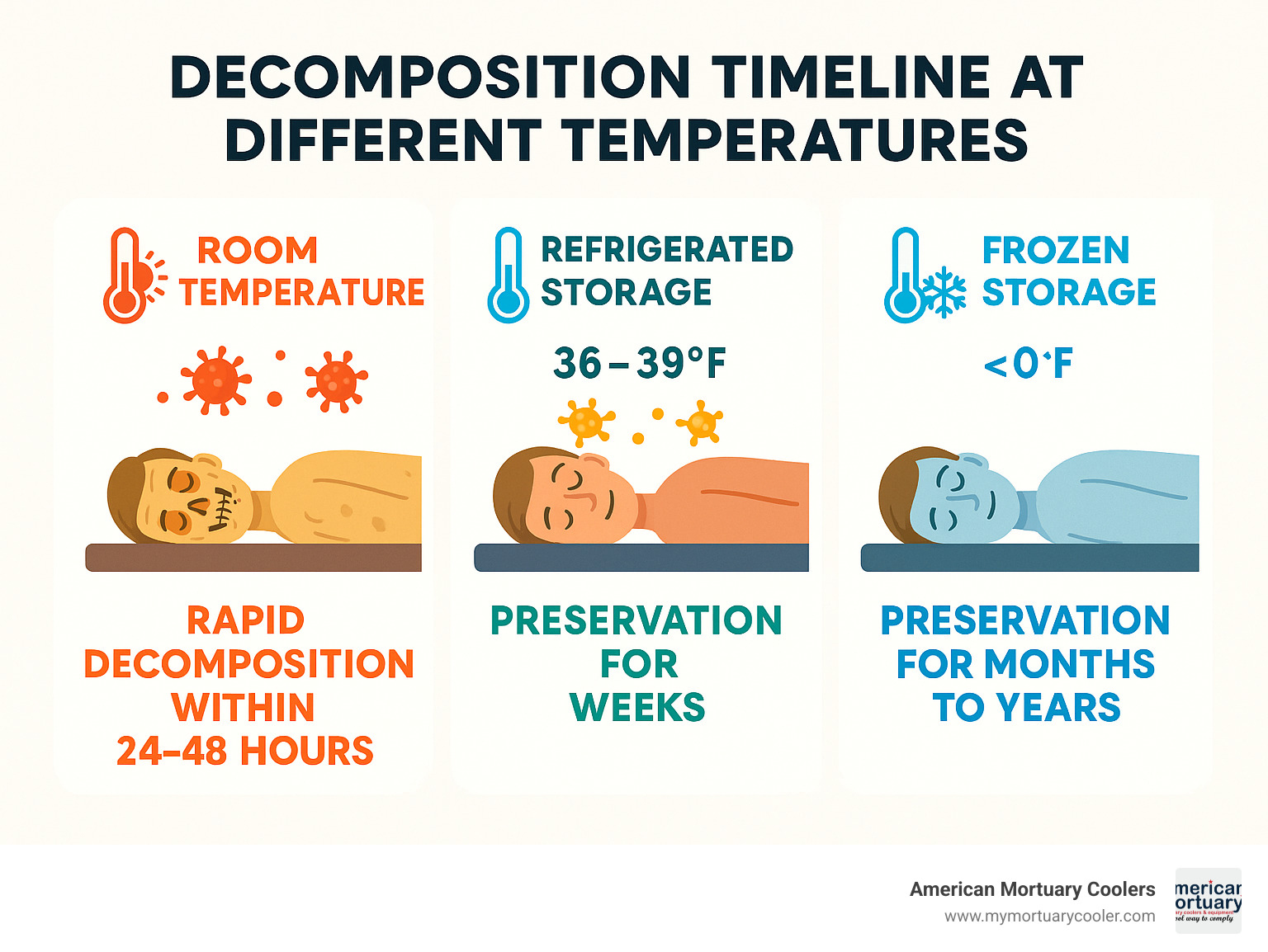 Infographic showing decomposition timeline at different temperatures: room temperature (rapid decomposition within 24-48 hours), refrigerated storage at 36-39°F (preservation for weeks), and frozen storage below 0°F (preservation for months to years), with visual indicators of bacterial growth rates and body preservation quality at each temperature range - funeral home freezer infographic 