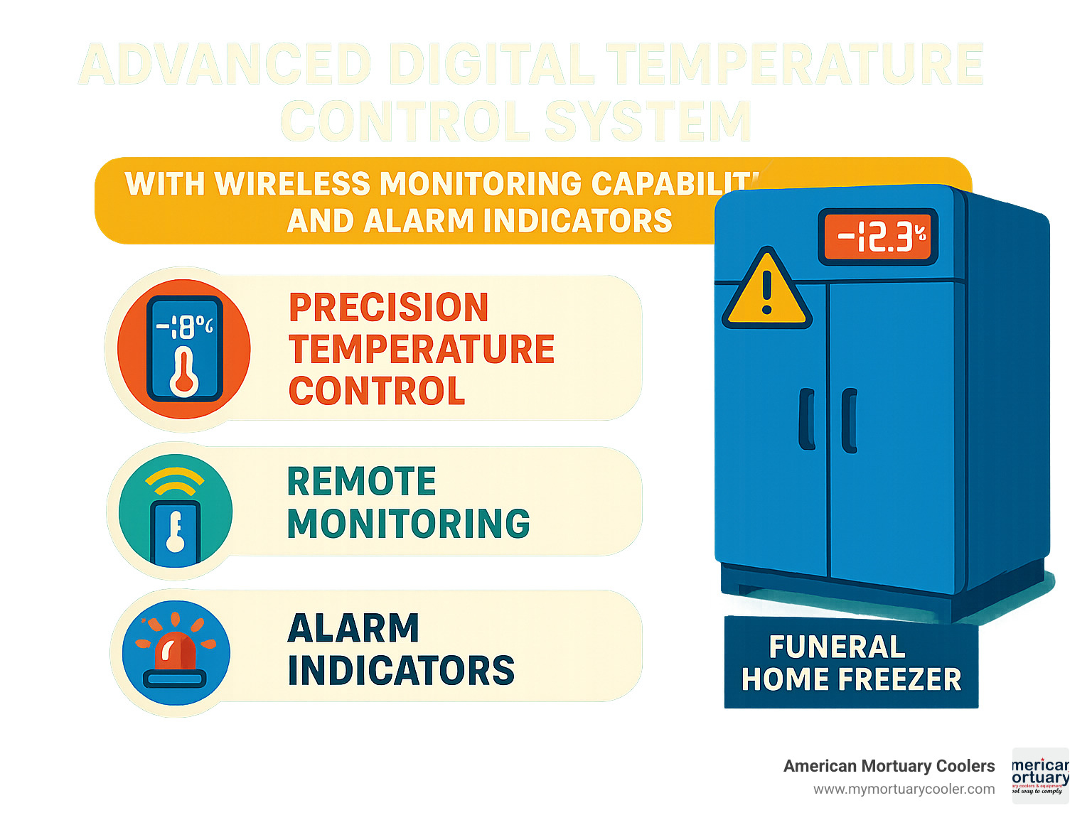 Advanced digital temperature control system with wireless monitoring capabilities and alarm indicators - funeral home freezer infographic 