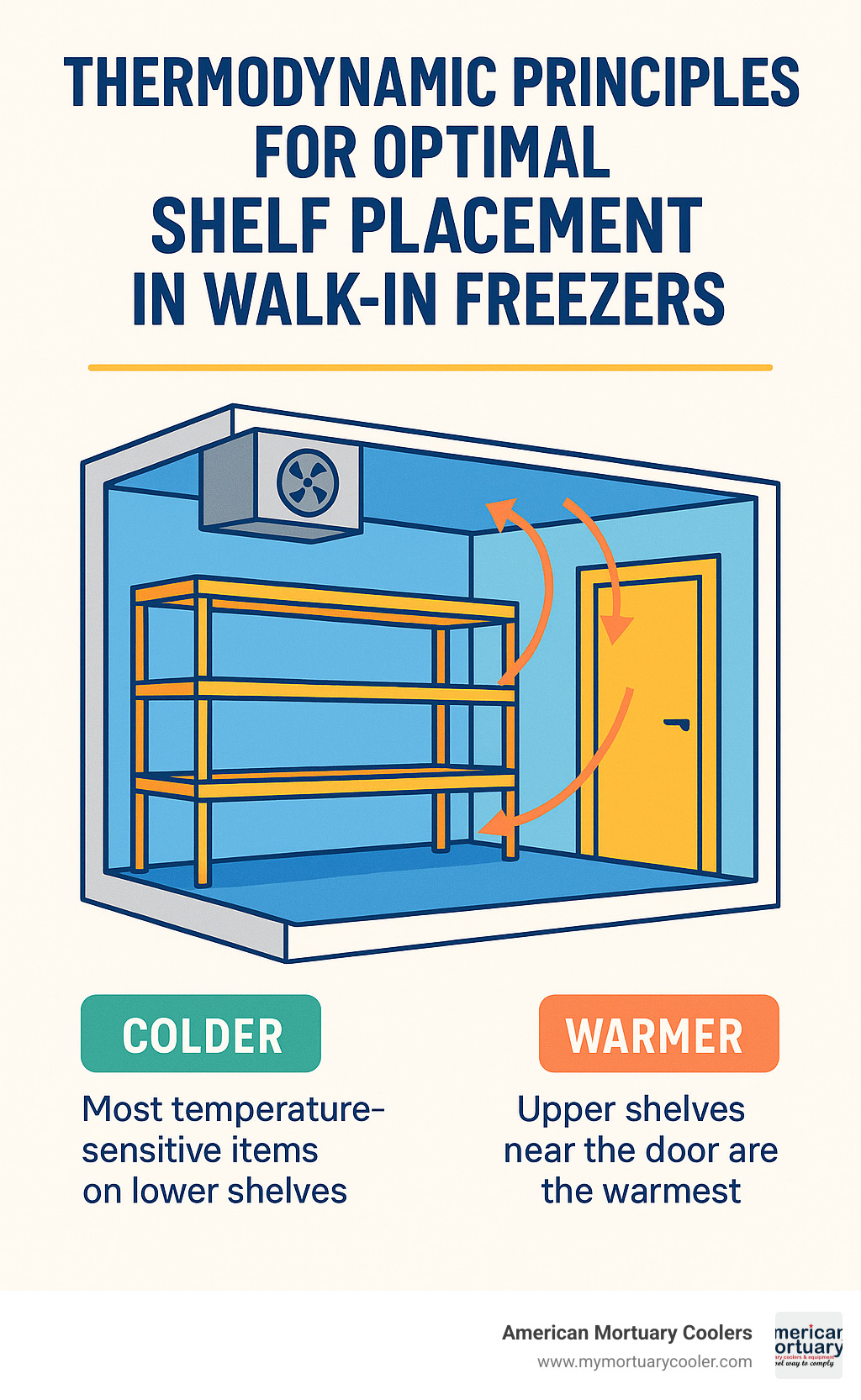Thermodynamic principles for optimal shelf placement in walk-in freezers - freezer walk infographic 