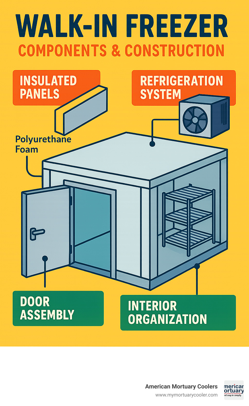 Walk-in freezer components and construction details showing insulated panels, refrigeration system, door assembly, and interior organization - freezer walk infographic 