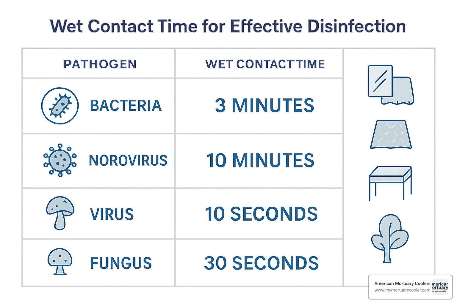 Contact time requirements showing different pathogens and their required wet contact times for effective disinfection - lysol disinfectant spray msds