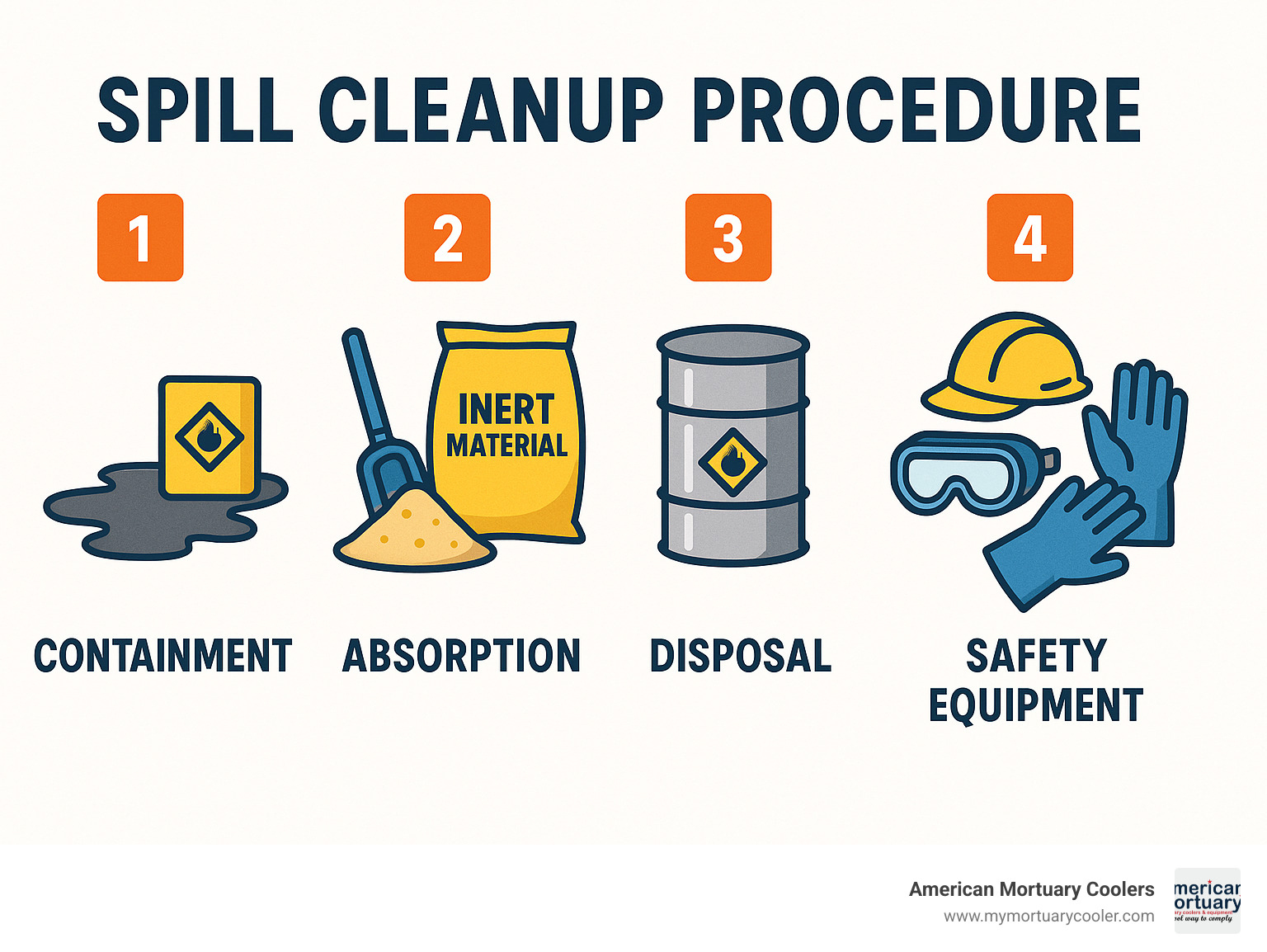 Step-by-step spill cleanup procedure showing containment, absorption with inert materials, proper disposal methods, and safety equipment requirements - lysol disinfectant spray msds infographic 