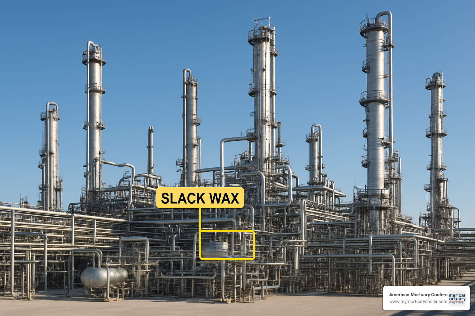 Petroleum refinery distillation columns processing crude oil into various fractions including slack wax for paraffin production - clean paraffin wax