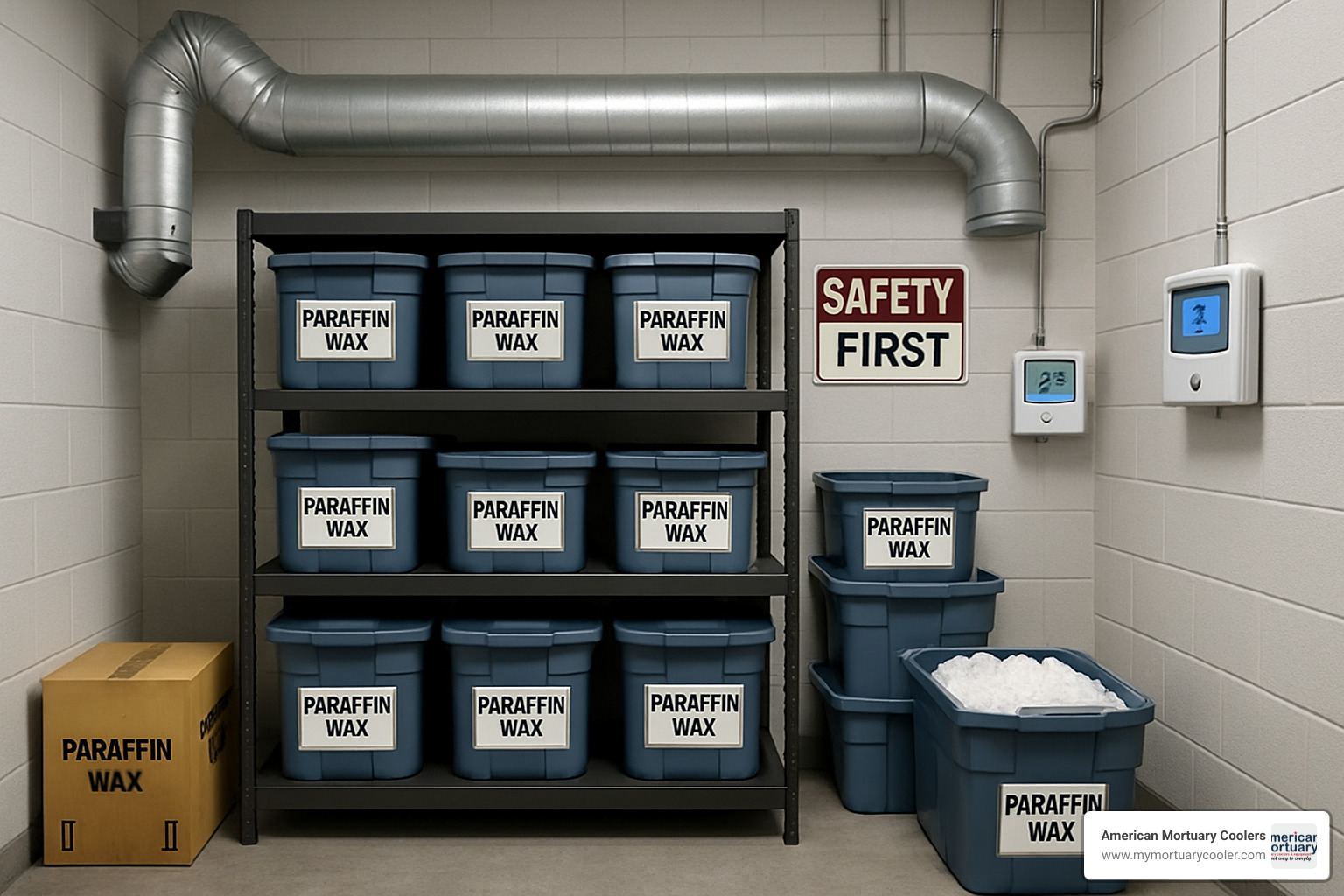 Proper paraffin wax storage setup with labeled bins ventilation system and temperature monitoring equipment - clean paraffin wax