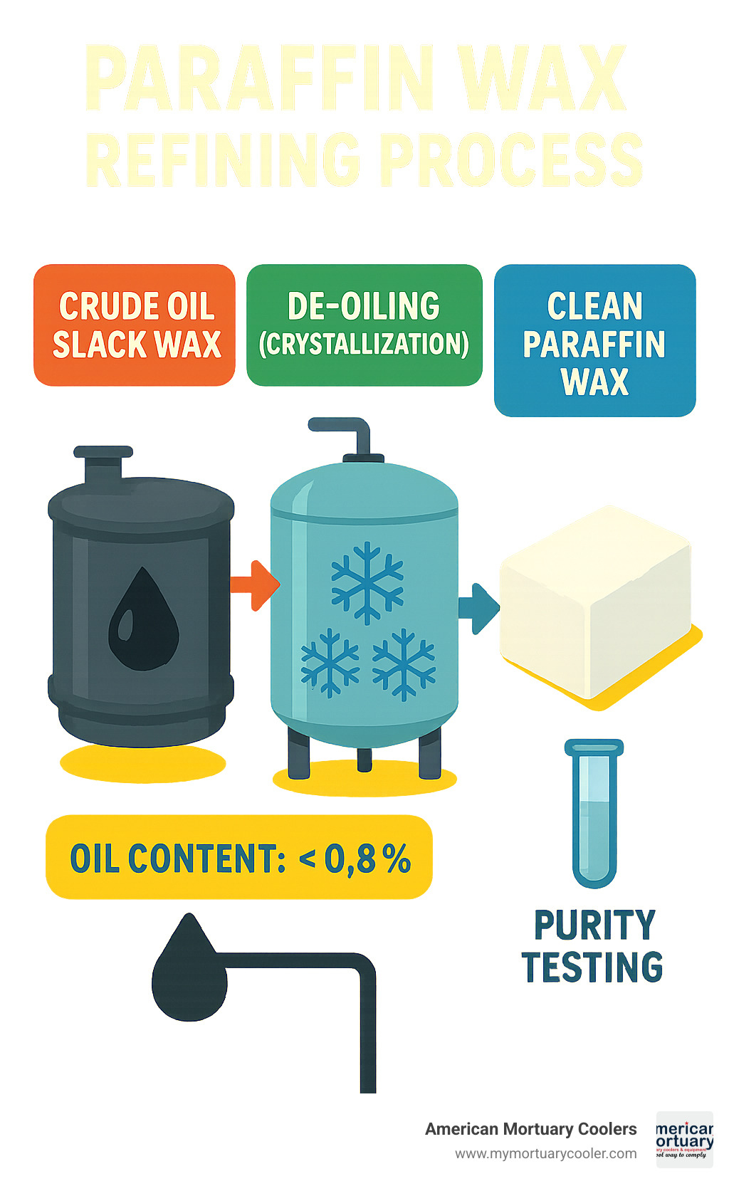Infographic showing the paraffin wax refining process from crude oil slack wax through de-oiling crystallization to fully refined clean paraffin wax with oil content specifications and purity testing methods - clean paraffin wax infographic 