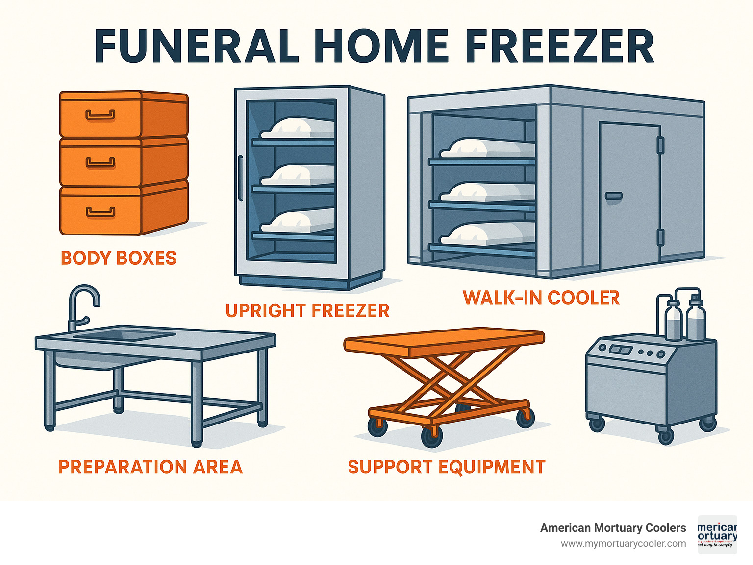 Comprehensive mortuary equipment setup showing various freezer types, preparation areas, and support equipment in a modern funeral home facility - funeral home freezer infographic 