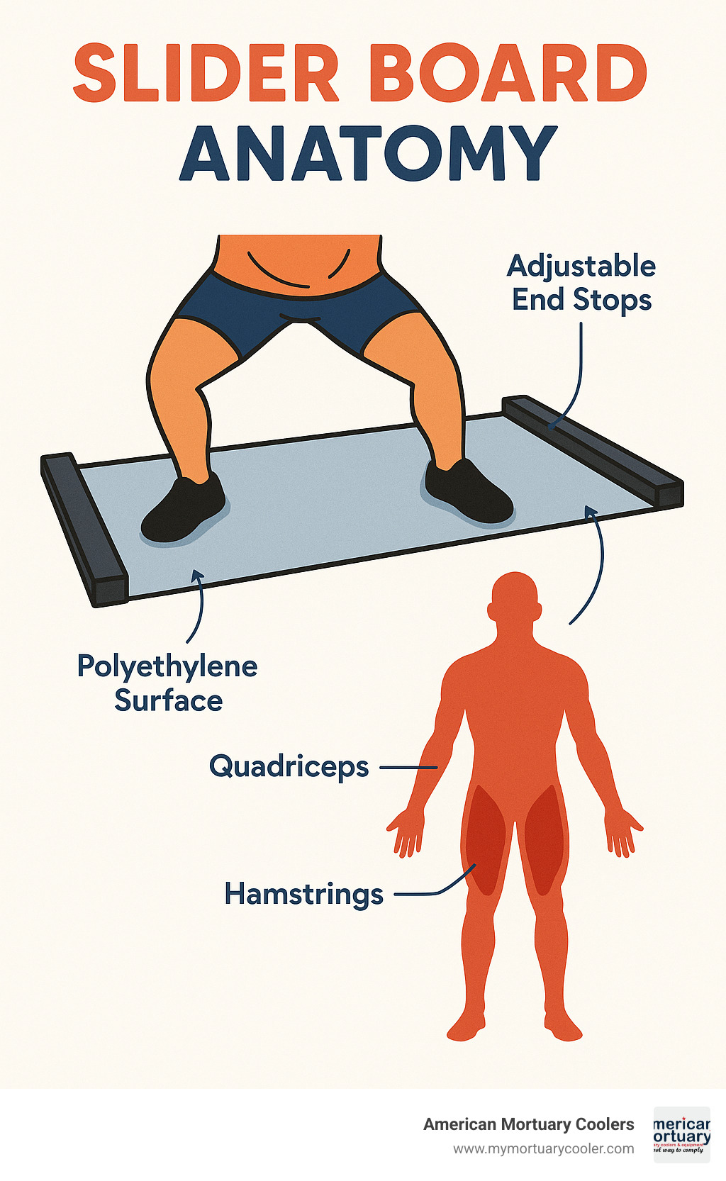 Infographic showing slider board anatomy with labeled parts including polyethylene surface, adjustable end stops, slide booties, and muscle groups engaged during lateral gliding exercises - slider board infographic 