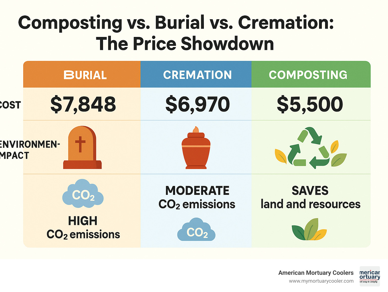 Cost comparison table showing burial, cremation, and composting expenses with environmental impact metrics - how much does it cost to compost a body infographic 