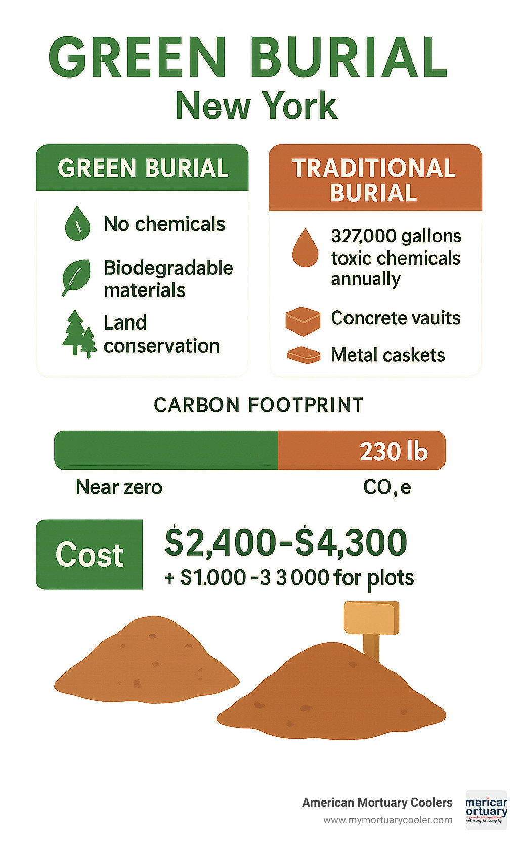 Infographic showing environmental comparison between green burial (no chemicals, biodegradable materials, land conservation) versus traditional burial (827,000 gallons toxic chemicals annually, concrete vaults, metal caskets) with carbon footprint data and cost breakdowns for New York green burial options - green burial New York infographic 