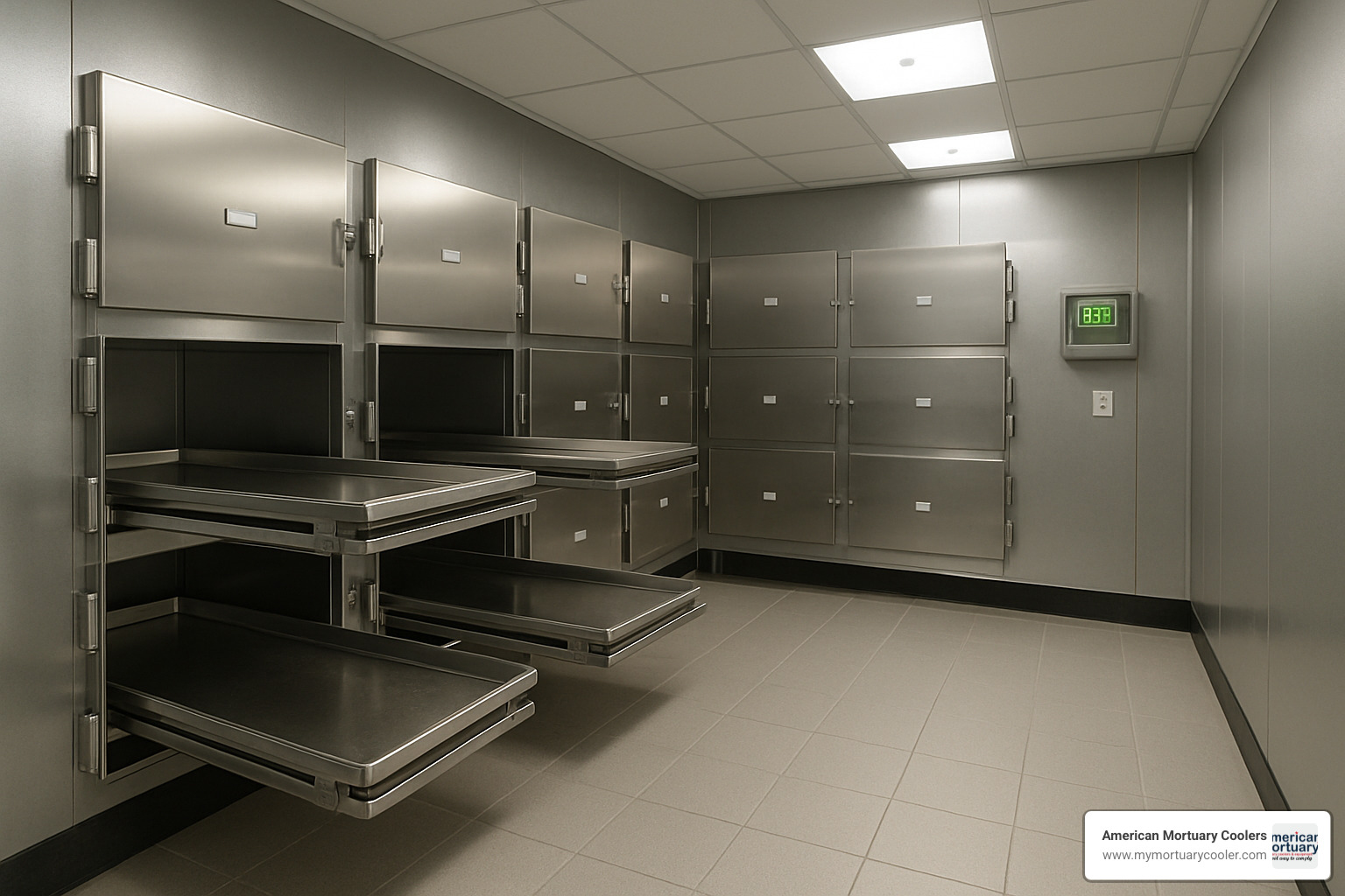 morgue cooler interior showing organized storage compartments and temperature monitoring systems - morgue tech