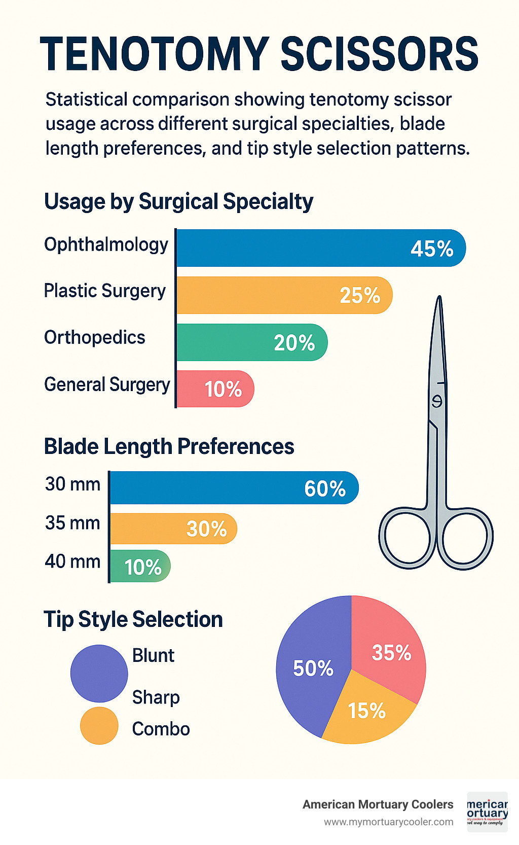 Statistical comparison showing tenotomy scissor usage across different surgical specialties, blade length preferences, and tip style selection patterns - tenotomy scissor infographic 