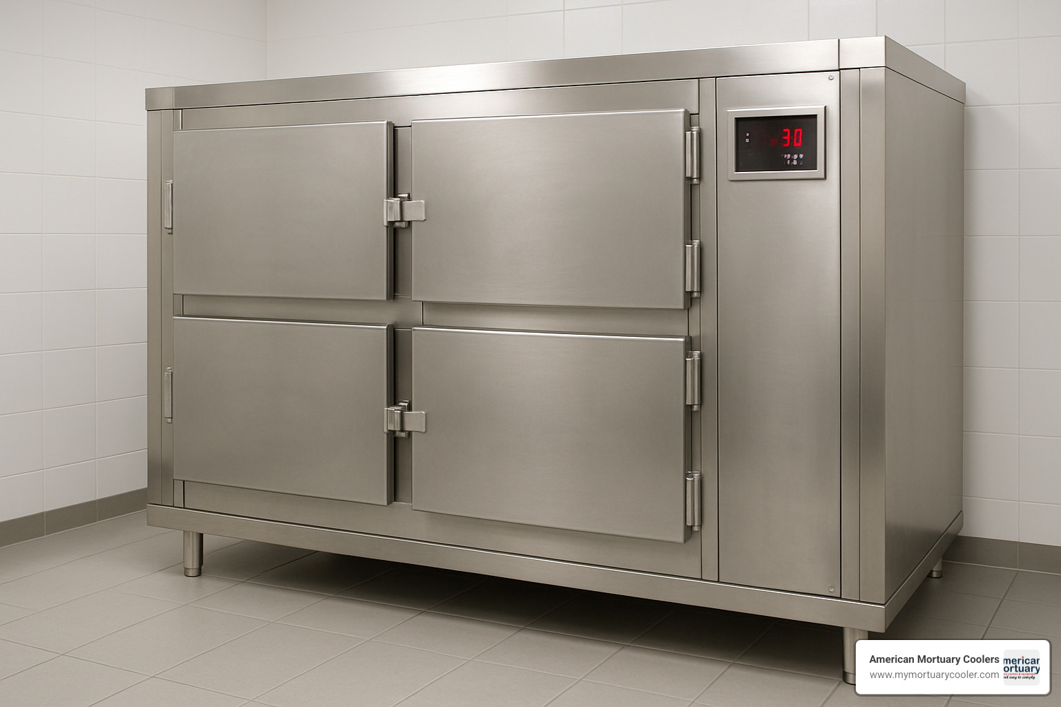 Modern mortuary cooler with three-body capacity showing stainless steel construction and digital temperature controls - mortuary body