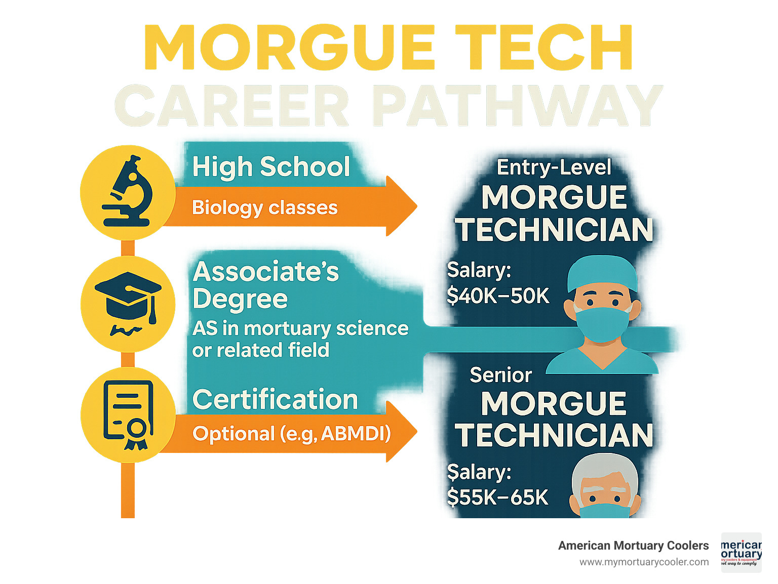 Infographic showing morgue tech career pathway from high school biology classes through entry-level positions to senior technician roles, including education requirements, certification options, and typical salary progression at each stage - morgue tech infographic 