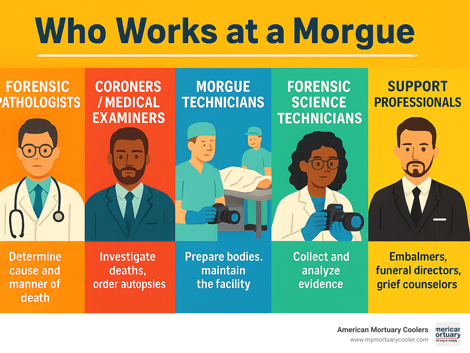 Comprehensive breakdown of morgue staffing hierarchy showing medical professionals, forensic specialists, and support staff with their primary responsibilities and required qualifications - who works at a morgue infographic 