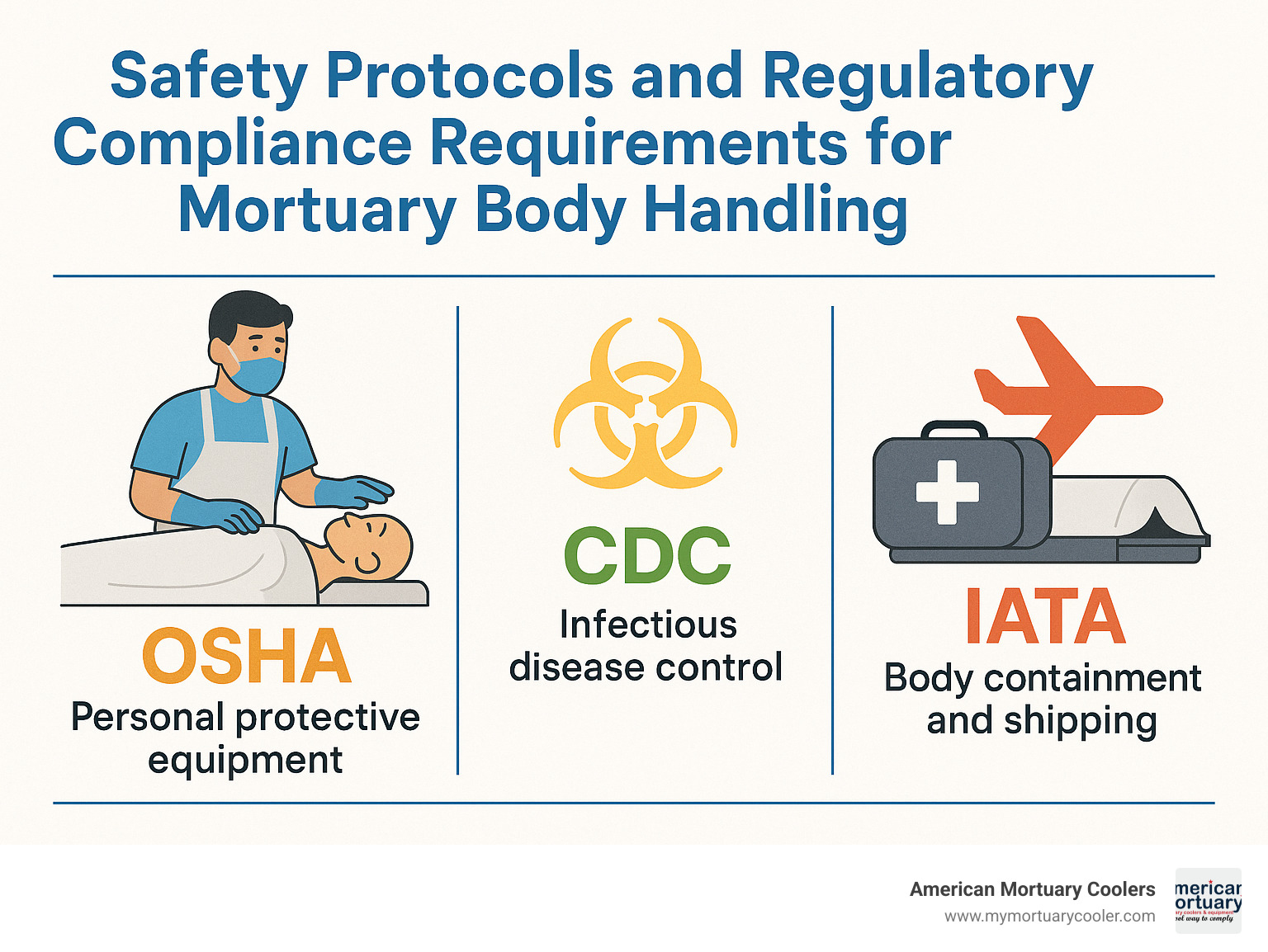 Safety protocols and regulatory compliance requirements for mortuary body handling including OSHA, CDC, and IATA guidelines - mortuary body infographic 