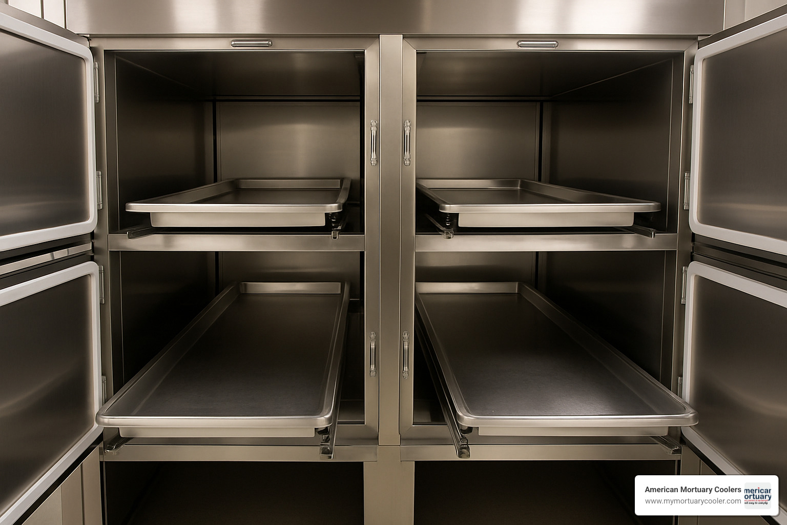Four body morgue fridge interior showing telescopic racks - Four Body Morgue Fridge