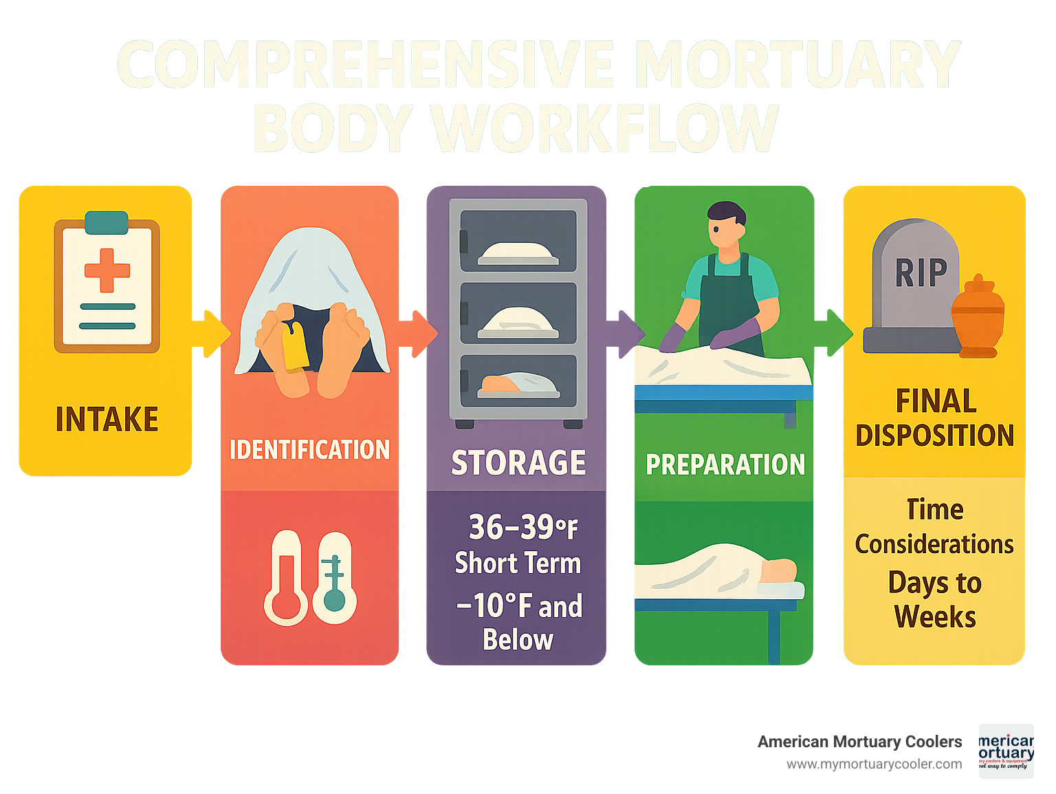 Comprehensive mortuary body workflow showing intake, identification, storage, preparation, and final disposition stages with temperature requirements and timeline considerations - mortuary body infographic 