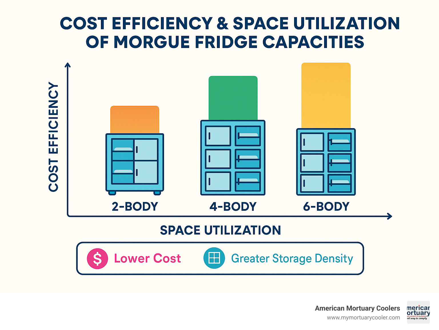 Comparison chart showing cost efficiency and space utilization of different morgue fridge capacities - Four Body Morgue Fridge infographic 