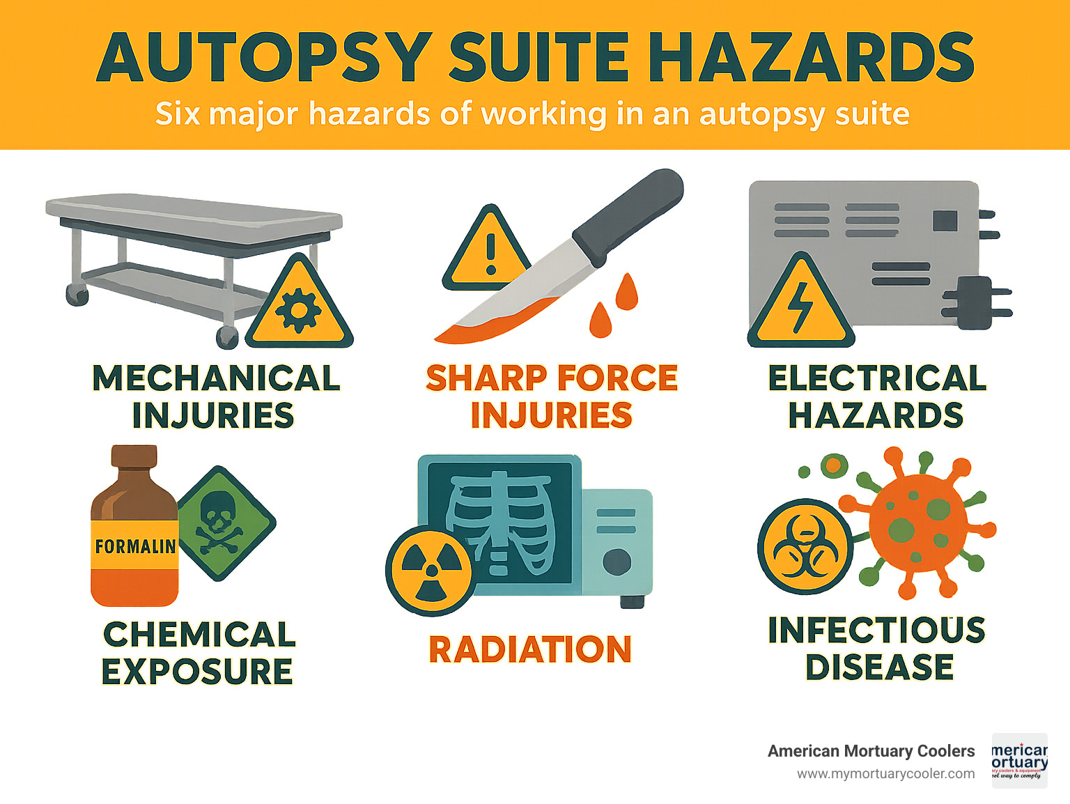 Infographic detailing the six major autopsy suite hazards: mechanical injuries from equipment, sharp force injuries from instruments, electrical hazards from equipment, chemical exposure from preservatives, radiation from x-ray equipment, and infectious disease risks from biological materials - morgue tech infographic 