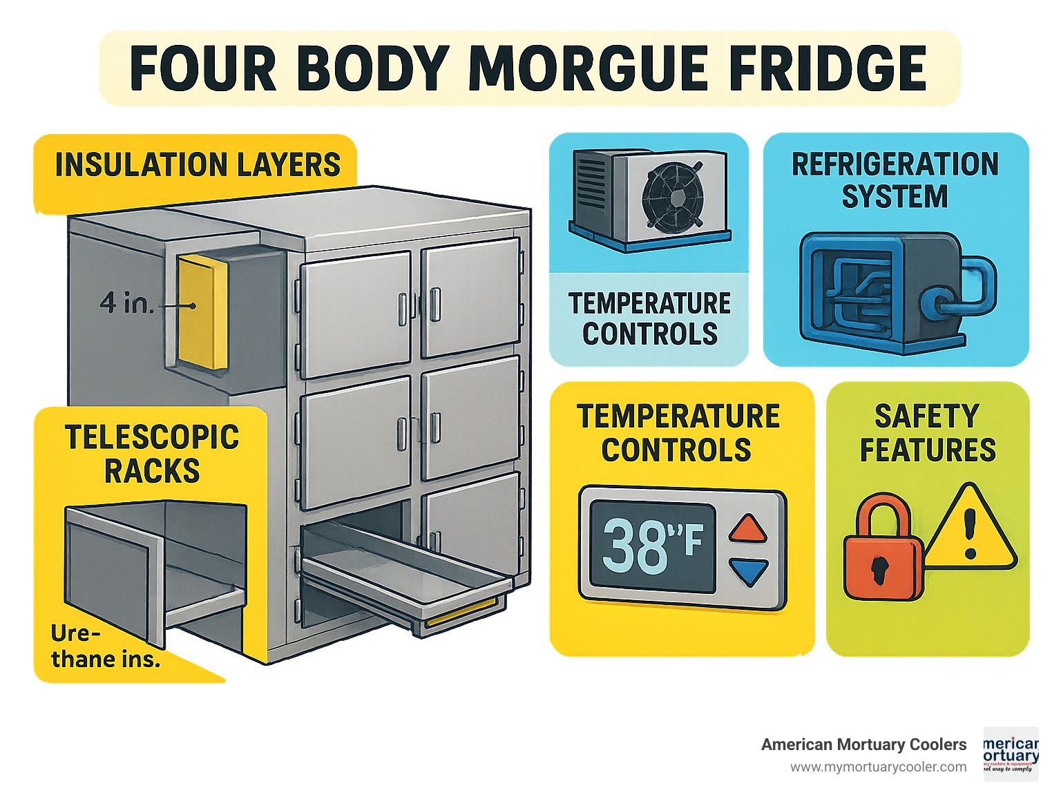 Detailed breakdown of four body morgue fridge components including insulation layers, refrigeration system, telescopic racks, temperature controls, and safety features with specifications and operating temperatures - Four Body Morgue Fridge infographic 