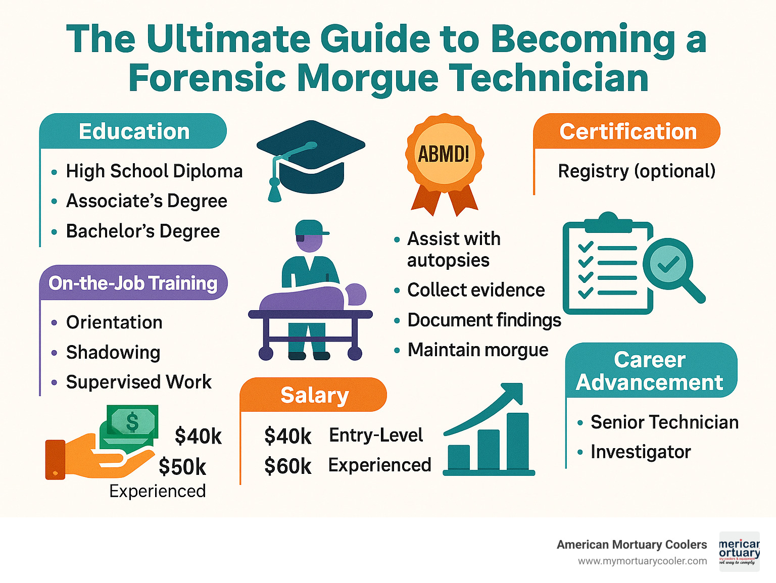 Comprehensive infographic showing the pathway to becoming a forensic morgue technician, including education requirements from high school through college degrees, certification options like ABMDI registry, on-the-job training phases, typical daily responsibilities, salary ranges by experience level, and career advancement opportunities - forensic morgue technician infographic 