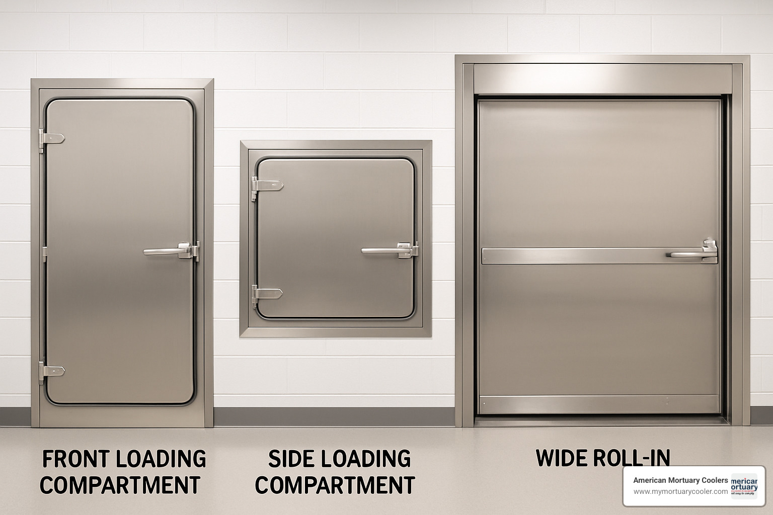 modern morgue refrigeration door configurations showing front-loading, side-loading, and roll-in options - morgue refiregeration doors manufacture