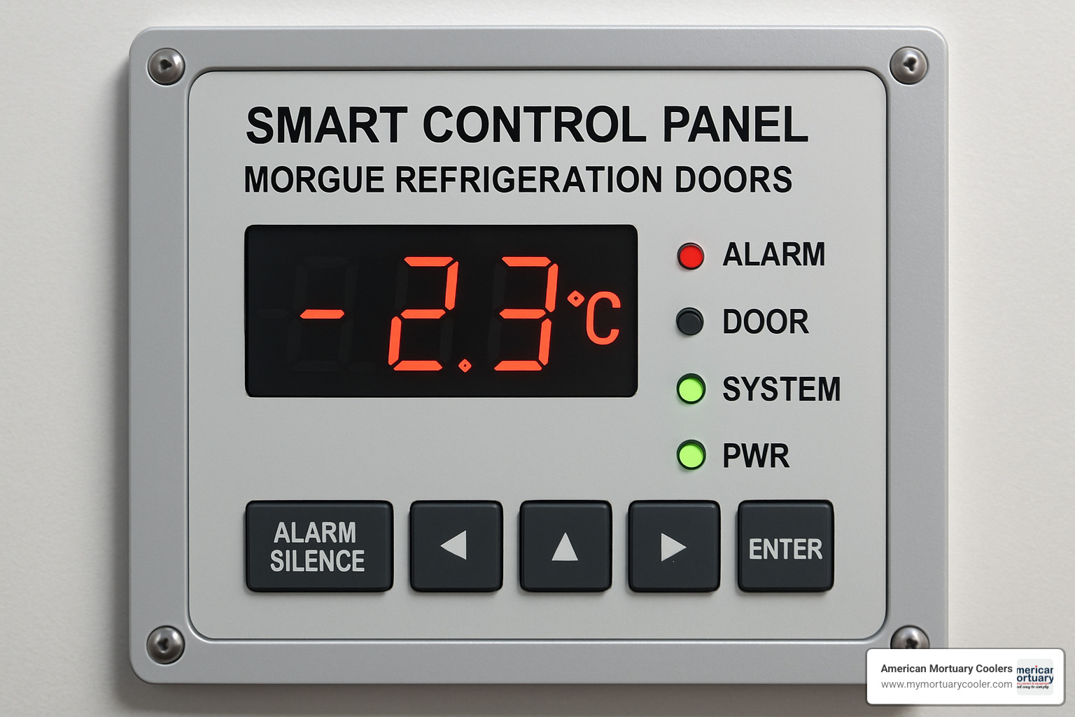 smart control panel for morgue refrigeration doors showing digital temperature display, alarm indicators, and system status monitoring - morgue refiregeration doors manufacture