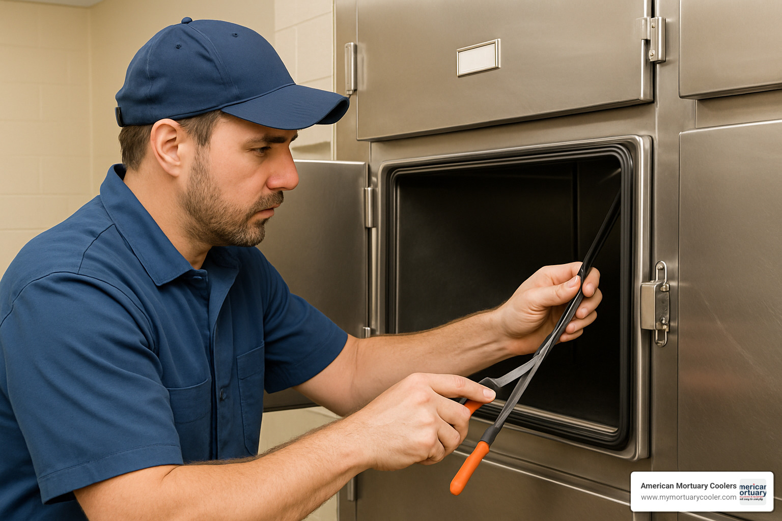 technician performing maintenance on mortuary door gasket system - mortuary dead body chamber doors