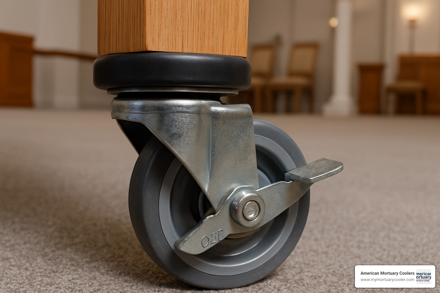 Heavy-duty caster system with locking mechanism and rubber bumper protection - furniture for funeral homes