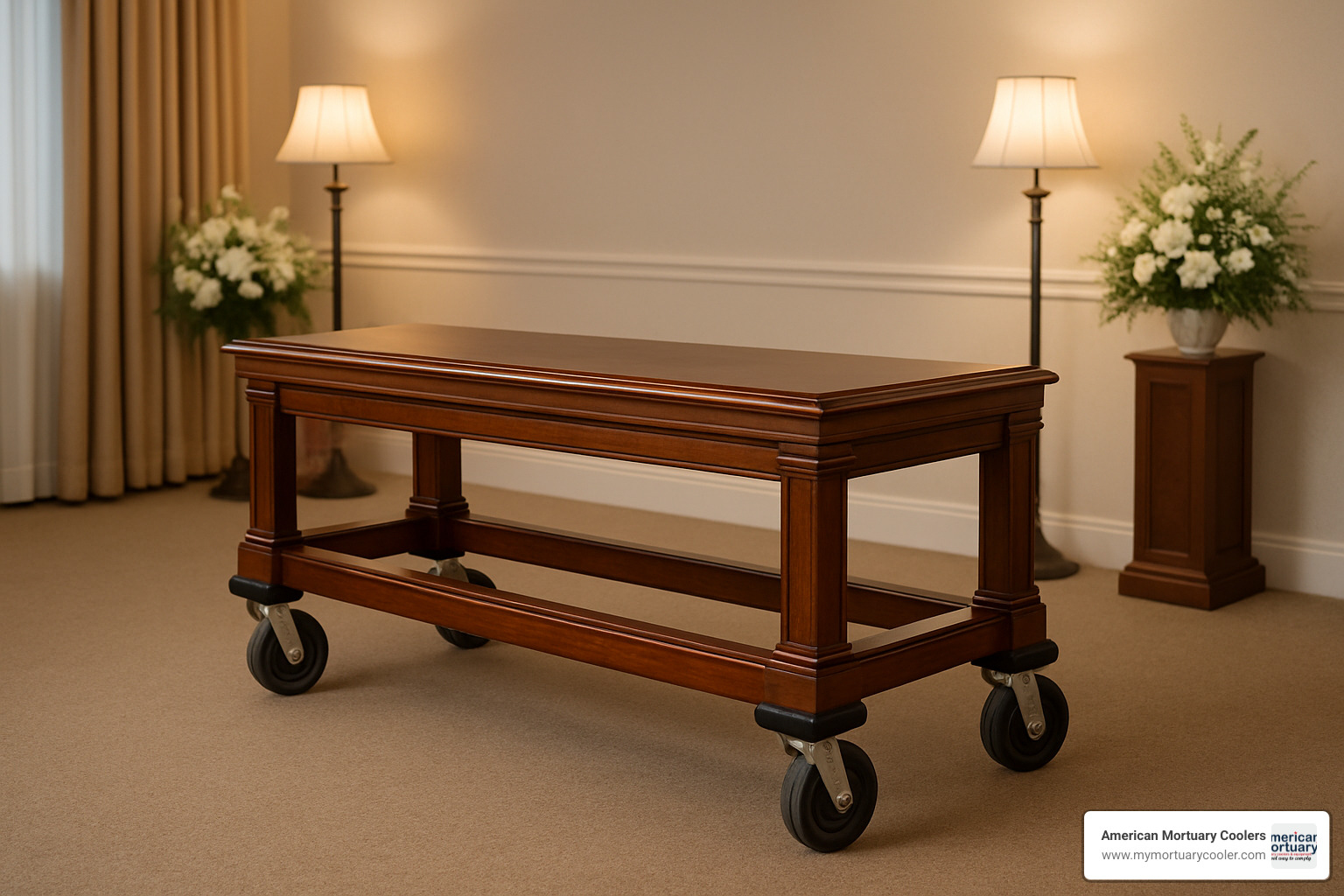 Premium casket bier with heavy-duty casters and protective bumpers - furniture for funeral homes