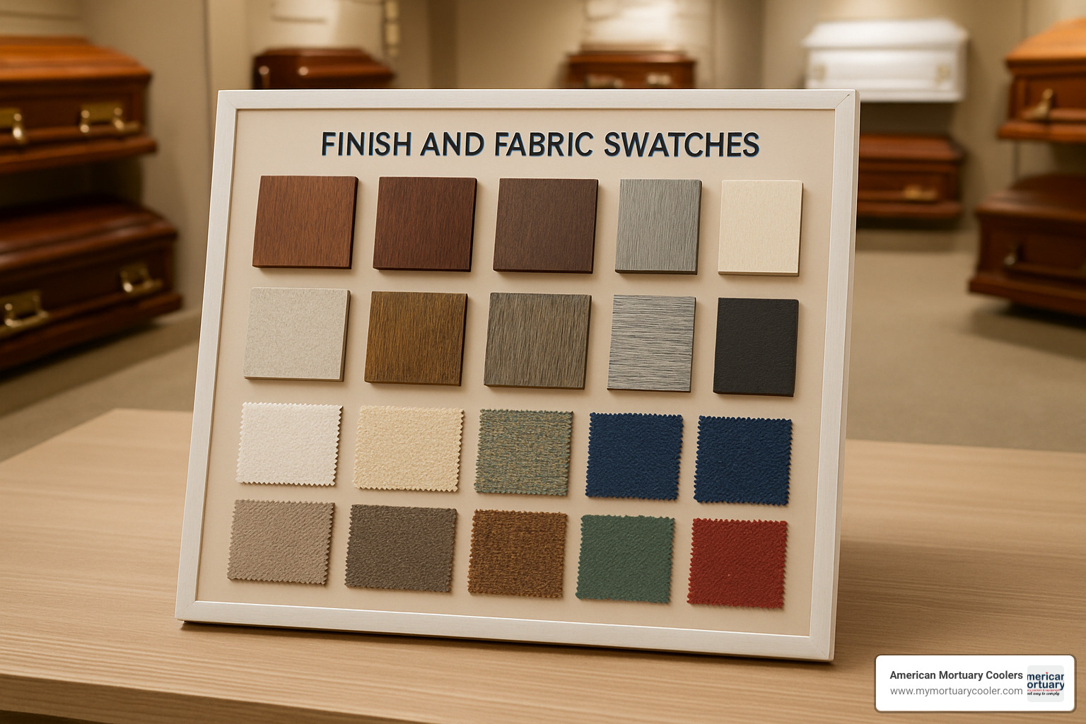 Finish and fabric swatch board showing wood stains, laminate options, and upholstery choices - furniture for funeral homes
