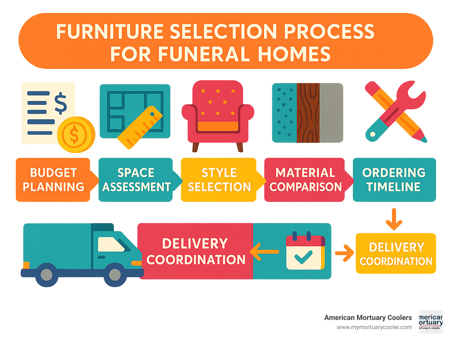 Infographic showing the complete furniture selection process for funeral homes, including budget planning, space assessment, style selection, material comparison, customization options, ordering timeline, and delivery coordination - furniture for funeral homes infographic 