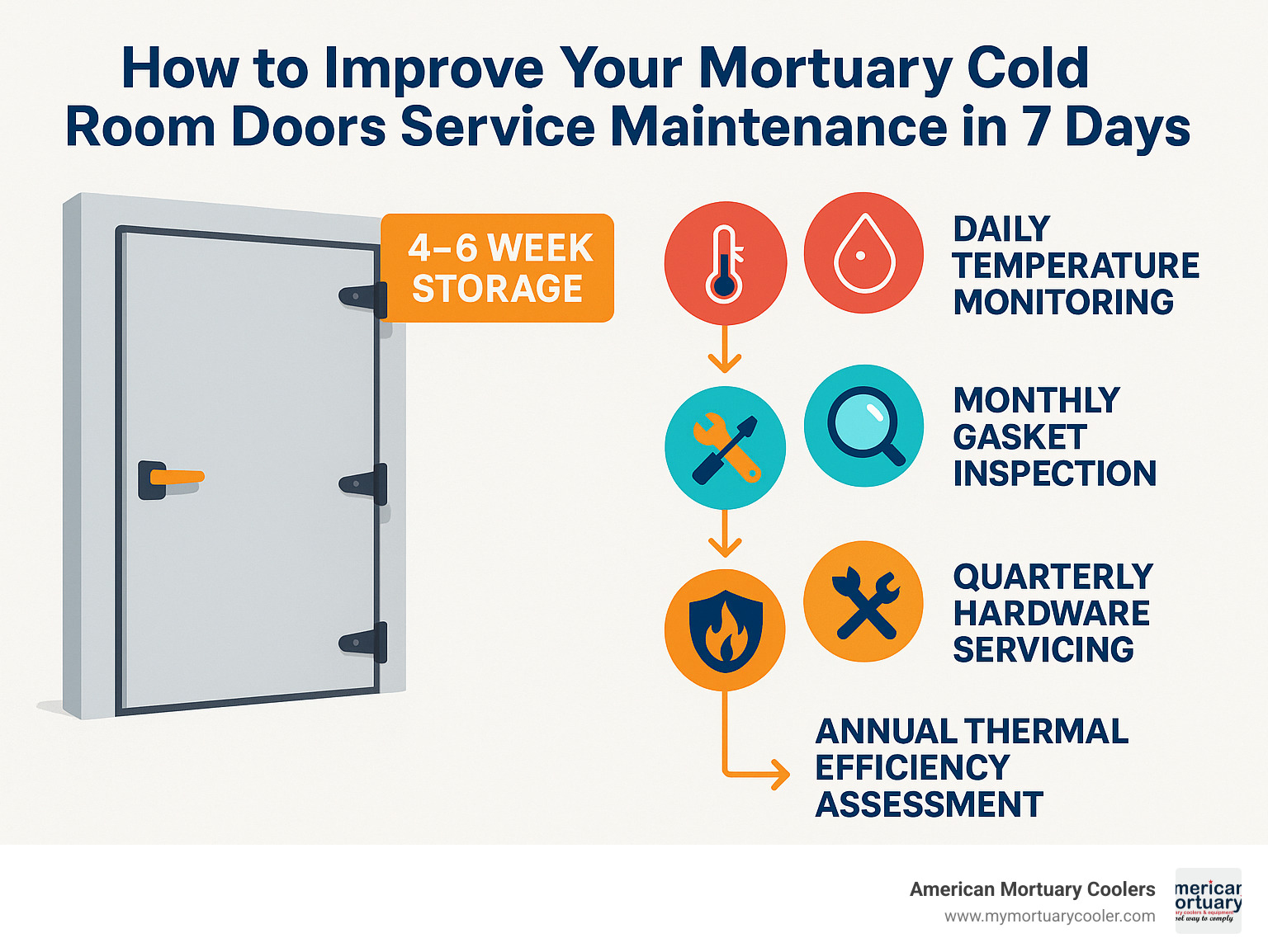 Infographic showing mortuary cold room door maintenance timeline with 4-6 week storage capacity, daily temperature monitoring at 2-6°C, monthly gasket inspections, quarterly hardware servicing, and annual thermal efficiency assessments - mortuary cold room doors service maintenance infographic 
