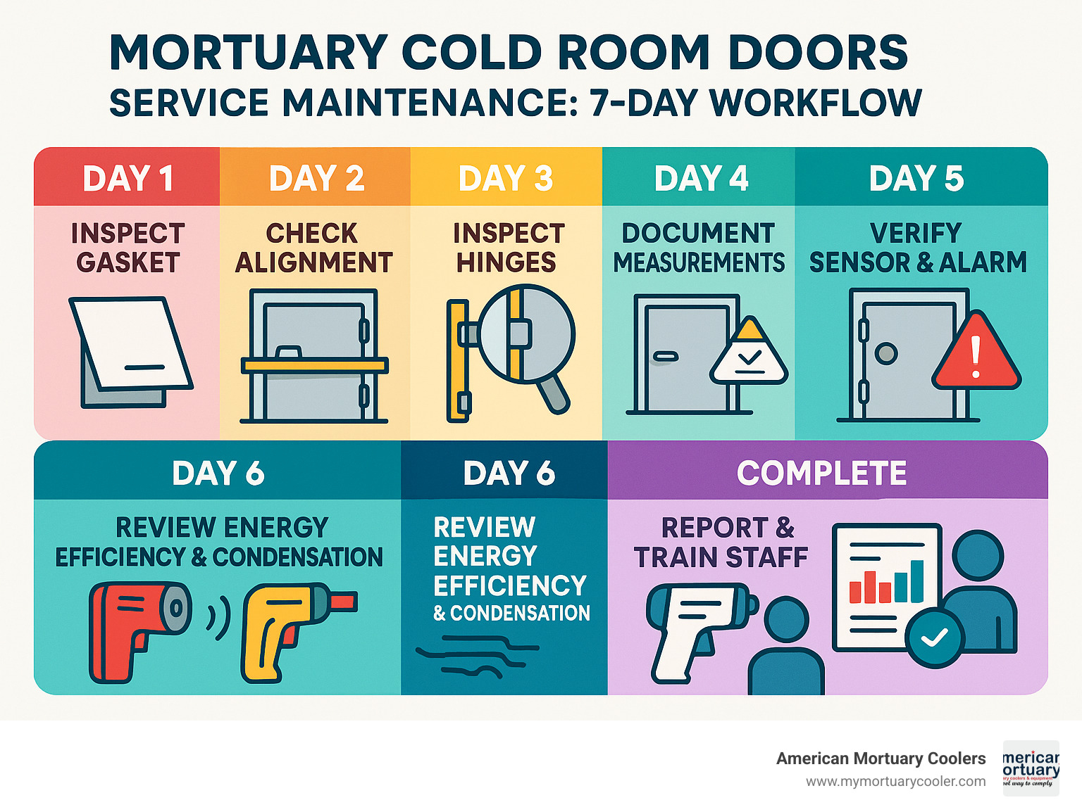 Infographic showing the complete 7-day mortuary cold room door maintenance workflow with daily tasks, inspection points, and documentation requirements - mortuary cold room doors service maintenance infographic 