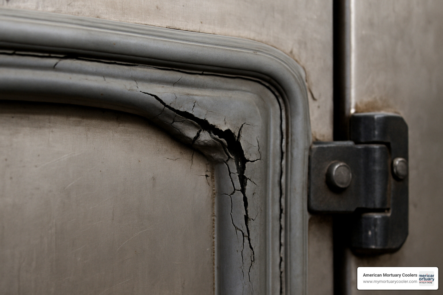 Close-up image of a torn door gasket showing the typical wear pattern and damage that compromises seal integrity - morgue refiregeration doors service maintenance
