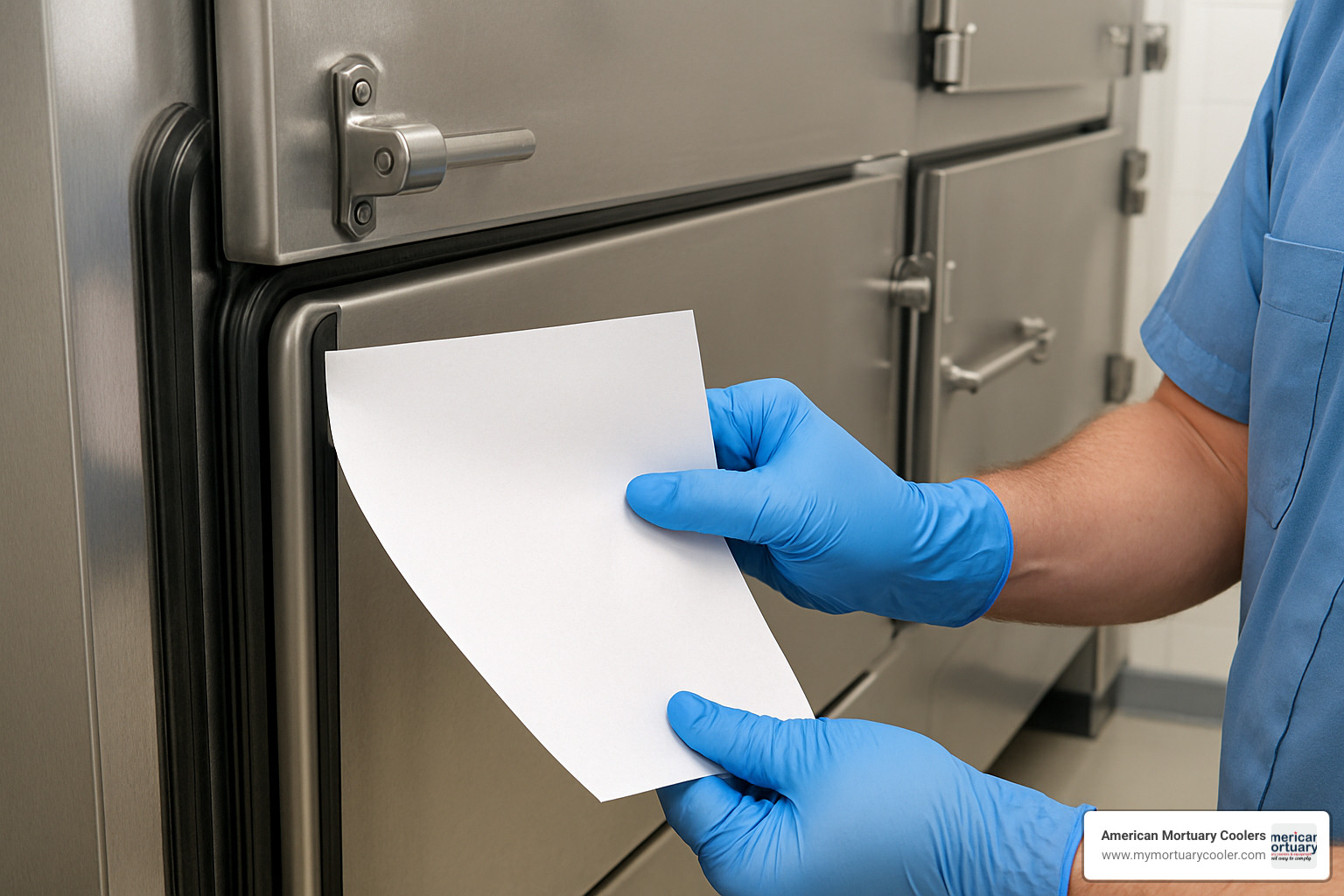 Paper test demonstration showing proper technique for checking door seal integrity - morgue refiregeration doors service maintenance