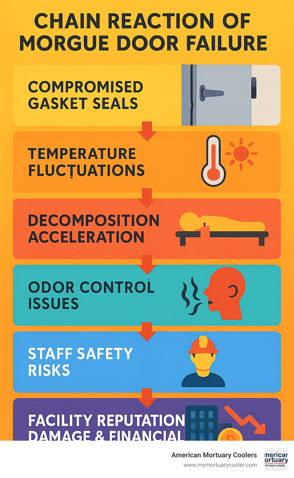 Comprehensive infographic showing the chain reaction of morgue door failure: starting with compromised gasket seals leading to temperature fluctuations, then decomposition acceleration, odor control issues, staff safety risks, regulatory violations, and ultimately facility reputation damage and financial losses - morgue refiregeration doors service maintenance infographic 