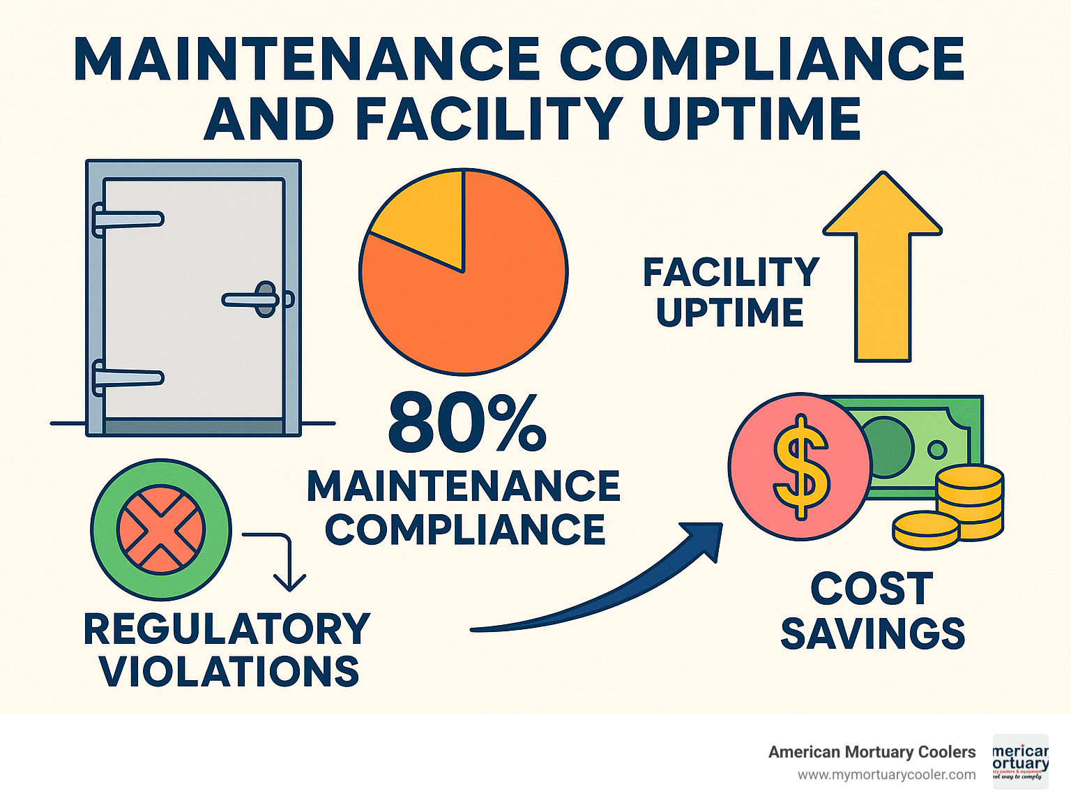 Statistical infographic showing maintenance compliance rates and their correlation with facility uptime, regulatory violations, and cost savings - morgue refiregeration doors service maintenance infographic 