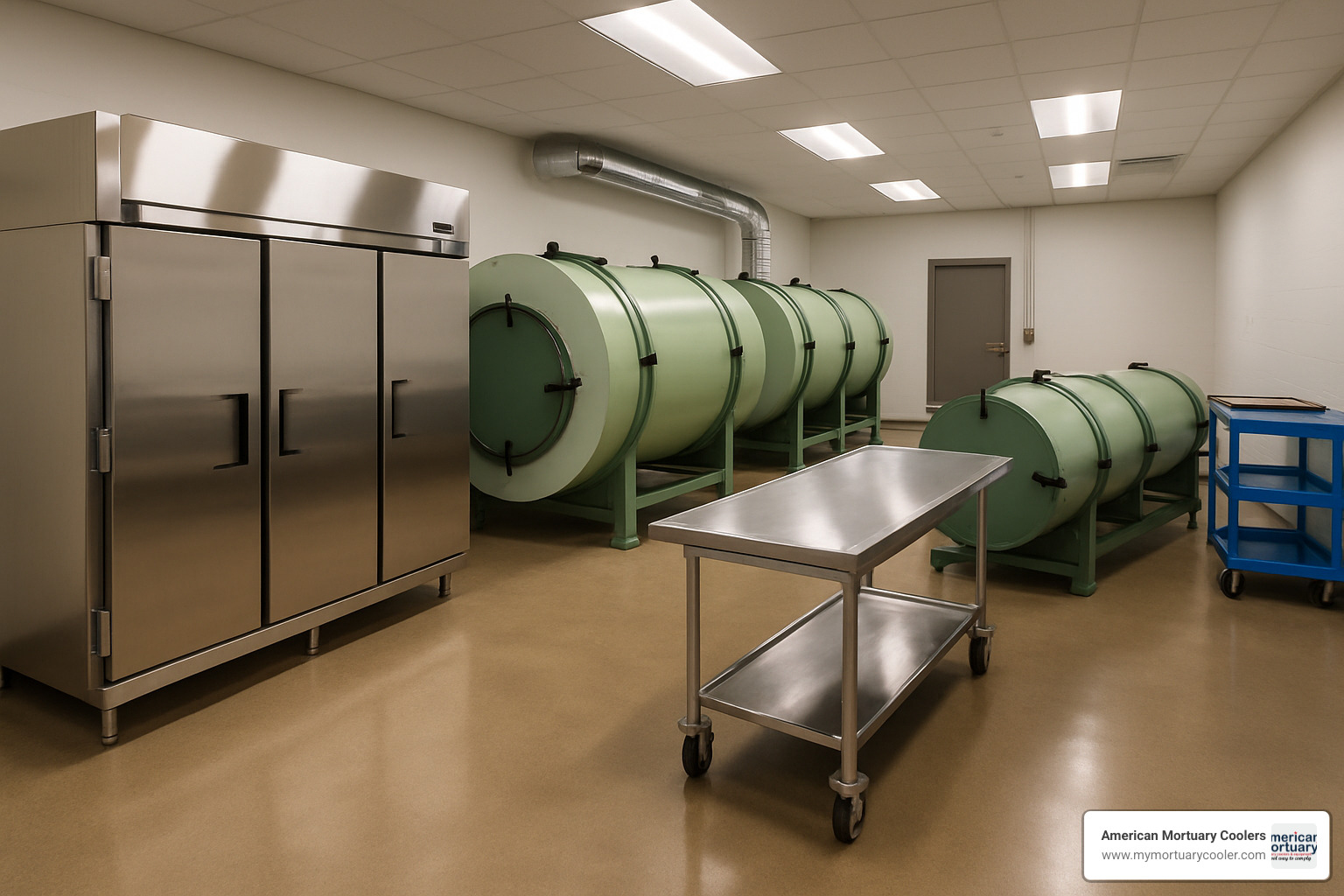 Mortuary facility showing proper storage and handling equipment needed for body composting operations - body composting colorado
