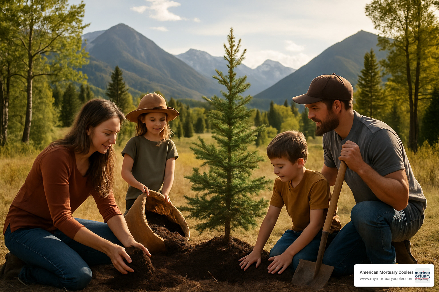 Family planting memorial tree with composted soil in Colorado mountain setting - body composting colorado