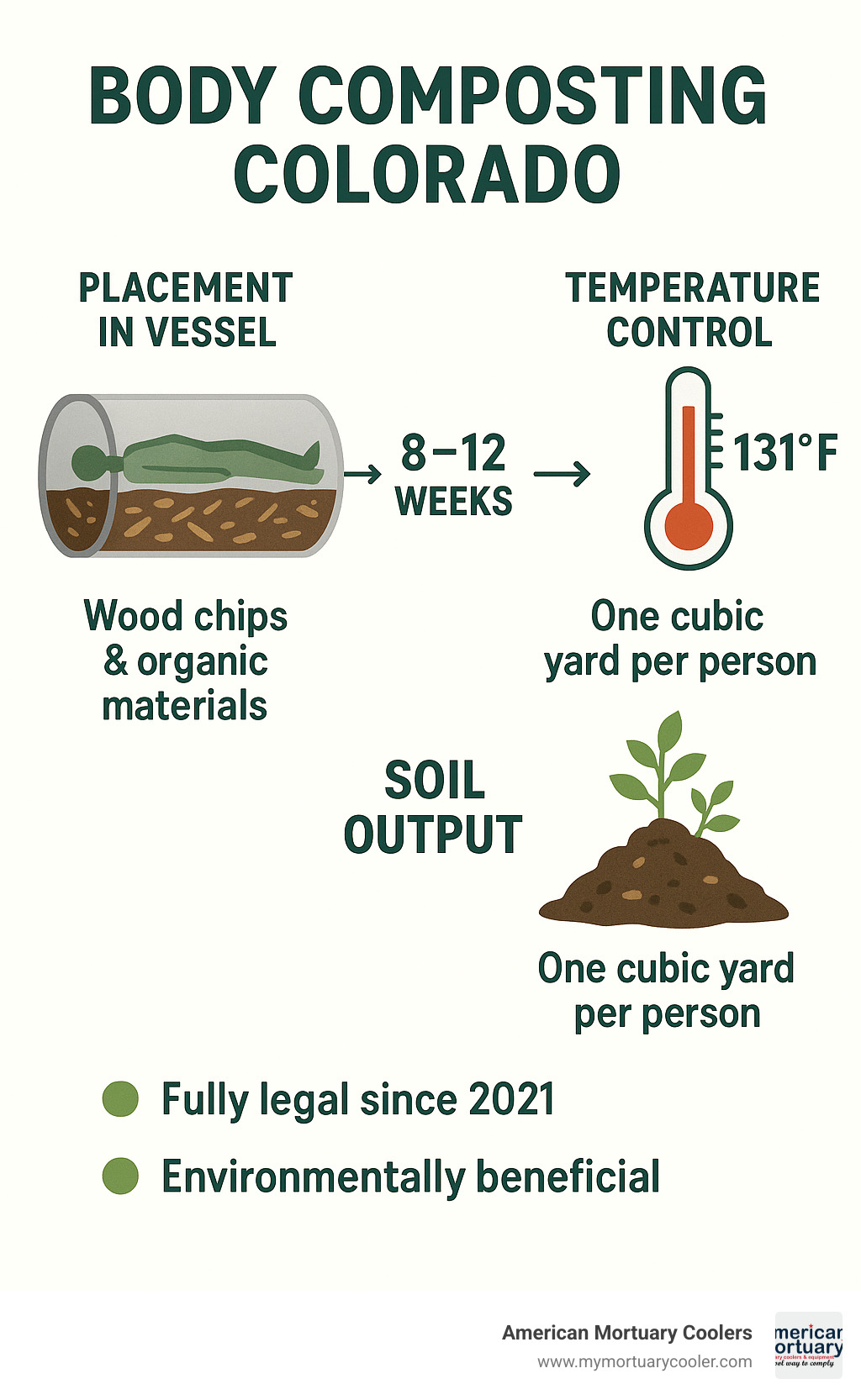 Infographic showing the complete body composting colorado process from initial placement in vessel through wood chips and organic materials, 8-12 week timeline, temperature control at 131°F, and final soil output of one cubic yard per person, including legal requirements and environmental benefits - body composting colorado infographic 