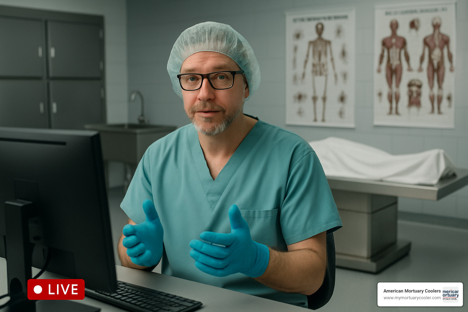 morgue worker participating in live educational stream - people who work in the morgue