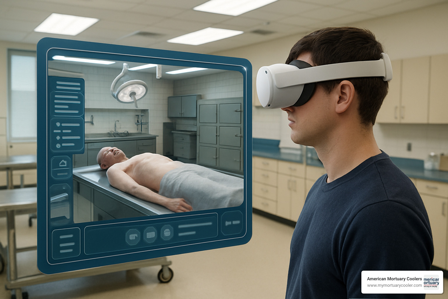 VR headset displaying virtual morgue tour interface - people who work in the morgue