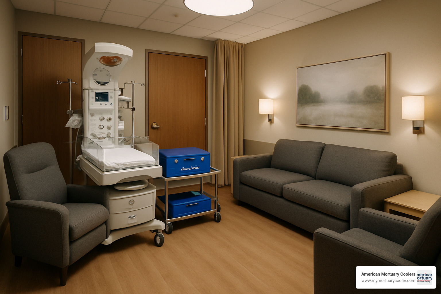 Bereavement suite with specialized neonatal care equipment and comfortable family seating - baby morgue freezer