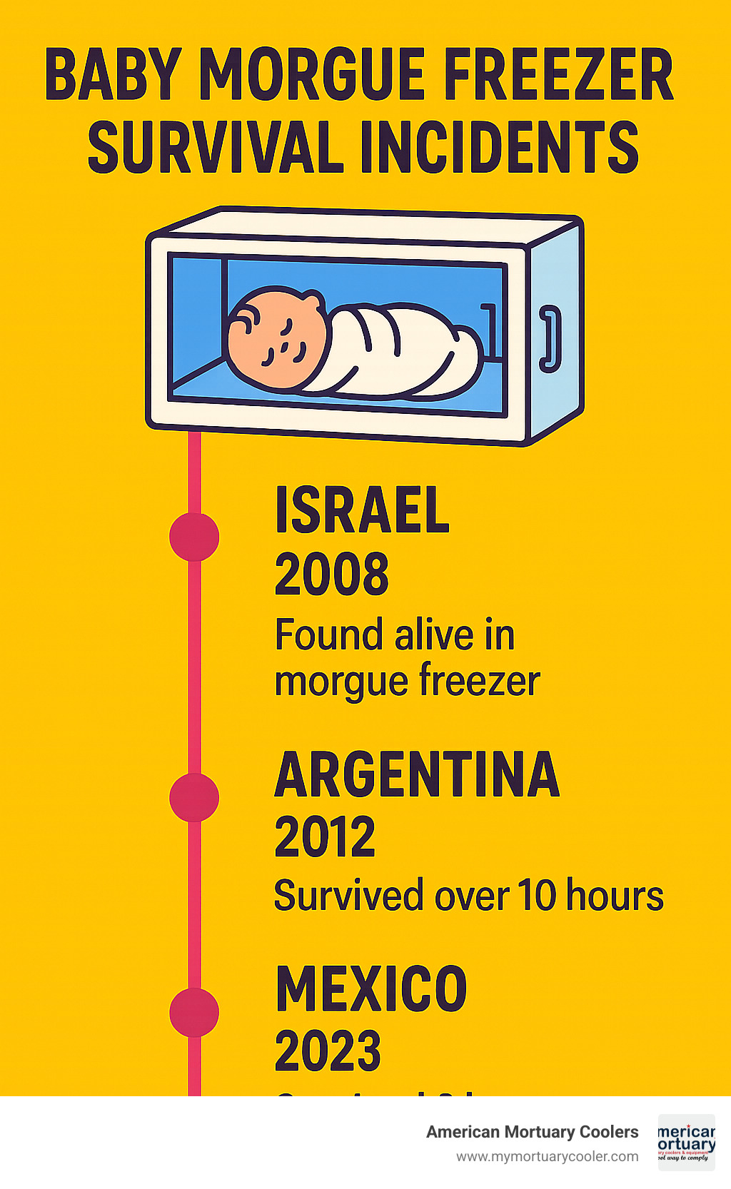 Infographic showing timeline of global baby morgue freezer survival incidents from 2008-2023, featuring cases from Israel, Argentina, and Mexico with survival durations and outcomes - baby morgue freezer infographic 