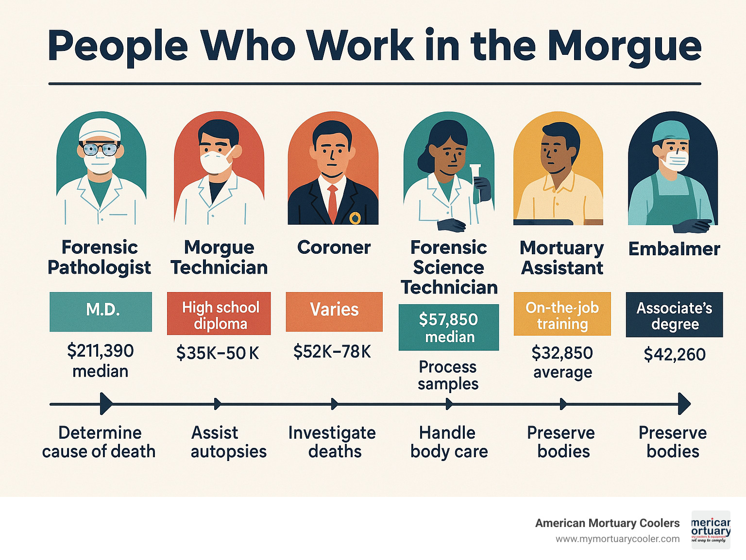 Detailed breakdown of morgue career paths showing education requirements, salary ranges, and daily responsibilities for forensic pathologists, morgue technicians, coroners, forensic science technicians, mortuary assistants, embalmers, and administrative staff with career progression timelines - people who work in the morgue infographic 